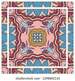  Hand drawn decorative square pattern with ornate frame. Colorful floral geometric ornament. Bandana shawl, tablecloth fabric print, silk neck scarf, kerchief design. Vector doodle illustration