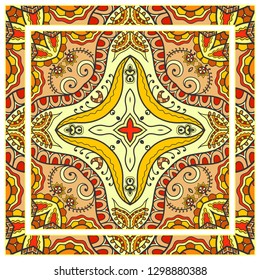  Hand drawn decorative square pattern with ornate frame. Colorful floral geometric ornament. Bandana shawl, tablecloth fabric print, silk neck scarf, kerchief design. Vector doodle illustration