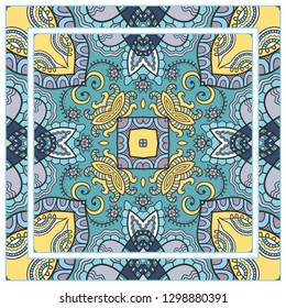  Hand drawn decorative square pattern with ornate frame. Colorful floral geometric ornament. Bandana shawl, tablecloth fabric print, silk neck scarf, kerchief design. Vector doodle illustration
