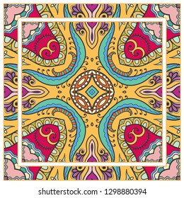  Hand drawn decorative square pattern with ornate frame. Colorful floral geometric ornament. Bandana shawl, tablecloth fabric print, silk neck scarf, kerchief design. Vector doodle illustration