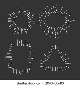 Hand drawn decorative starburst frame set. Outline shining star with geometric frames and copy space. Minimal explosion firework. Contour line sketch radial sunbeams. Vector isolated template