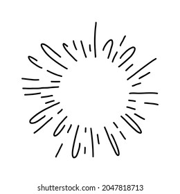 Hand Drawn Decorative Starburst. Outline Shining Star With Round Frame And Copy Space. Isolated Minimal Explosion Or Firework. Contour Line Sketch Of Radial Sunbeams. Vector Template