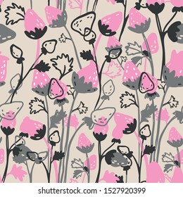 Hand drawn decorative strawberry pattern. Berry background.