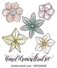 Hand drawn decorative stylized colorful flowers set. Vector illustration