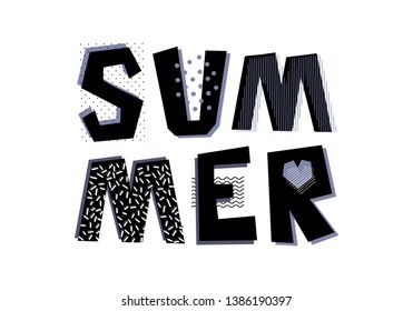 Hand drawn decorative text Summer. Design element for bag print,  greeting card, poster, t-shirt print. Memphis style.
