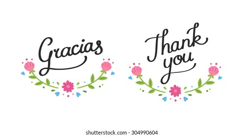 Hand drawn decorative Thank You banner in English and Spanish with simple spring flower ornament. Isolated on white background.