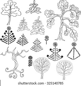 Hand drawn decorative  trees set. Vector.