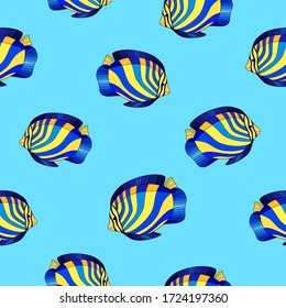 Hand drawn decorative tropical fishes with blue and yellow stripes on cyan background. Seamless sea bright pattern. Suitable for textile, wallpaper.