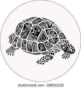 Hand drawn decorative turtle, ethnic ornamental pattern, graphic tattoo style, isolated black on white background
