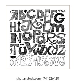 Hand drawn decorative typography. Sketched grunge alphabet and numerals. Black elements isolated on white