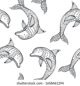 Fondo decorativo de los delfines dibujado a mano. Aislado en blanco.
 Ilustración de estilo Doodle.Tema marino.