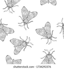 Hand drawn decorative vector background of moths. 
Doodle style illustration. Butterfly background.