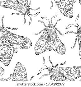 Hand drawn decorative vector background of moths. 
Doodle style illustration. Butterfly background.