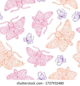 Hand drawn decorative vector background of moths. 
Doodle style illustration. Butterfly background.