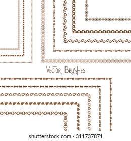 Hand drawn decorative vector brushes and outer corner tiles. Borders, strips ornaments. 