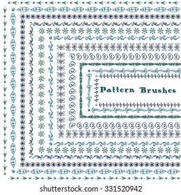 Pinceles vectoriales dibujados a mano con azulejos de esquina interior y exterior.  Patrones de perro. Fronteras establecidas. Elementos de diseño.