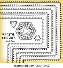 Hand drawn decorative vector brushes with tribal ornament. Dividers, borders, ornaments. Ink illustration.
