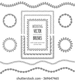 Hand drawn decorative vector brushes with inner and outer corner tiles. Dividers, borders, ornaments, easter. Ink illustration.