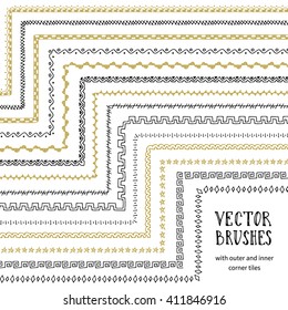 Hand drawn decorative vector brushes with inner and outer corner tiles. Dividers, borders, ornaments. Ink illustration.