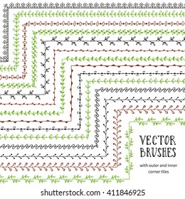 Hand drawn decorative vector brushes with inner and outer corner tiles. Dividers, borders, ornaments. Ink illustration.