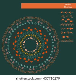 Hand drawn decorative vector brushes with inner and outer corner tiles. Dividers, borders, ornaments. Ink illustration.