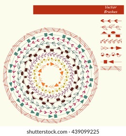 Hand drawn decorative vector brushes with inner and outer corner tiles. Dividers, borders, ornaments. Ink illustration.