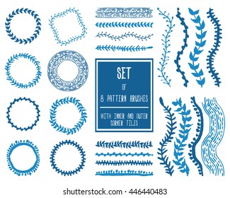 Hand drawn decorative vector brushes with inner and outer corner tiles. Dividers, borders, ornaments. Ink illustration.
