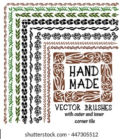 Hand drawn decorative vector brushes with inner and outer corner tiles. Dividers, borders, ornaments. Ink illustration. Tribal design element.