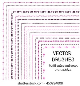 Hand drawn decorative vector brushes with inner and outer corner tiles. Dividers, borders, ornaments. Ink illustration. 