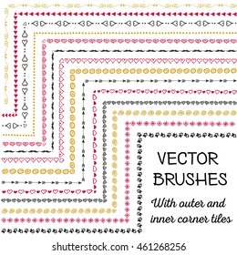 Hand drawn decorative vector brushes with inner and outer corner tiles. Dividers, borders, ornaments. Ink illustration. 