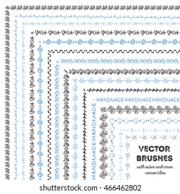 Hand drawn decorative vector brushes with inner and outer corner tiles. Dividers, borders, ornaments. Ink illustration. 