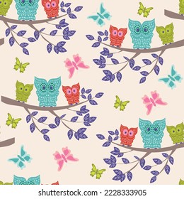 Hand drawn decorative Vector childish pattern with cartoon owls and butterflies. Creative kids texture for fabric, wrapping, textile, wallpaper.  