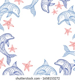 Hand drawn decorative vector frame of dolphins. Doodle style. Color illustration. Marine theme. Marine inhabitants.