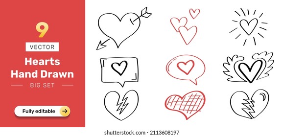 Hand drawn decorative vector heart collection. Big set.
