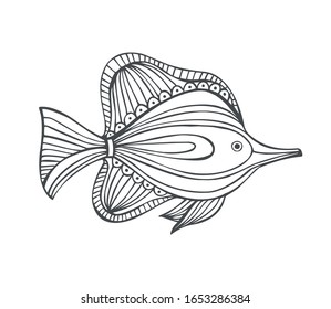 Hand drawn decorative vector illustration of tropical fish. Doodle style. Black and white.  