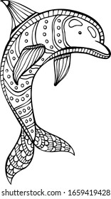 Hand drawn decorative vector illustration of dolphin. Isolated on white. Dolphin coloring book Doodle style illustration. 