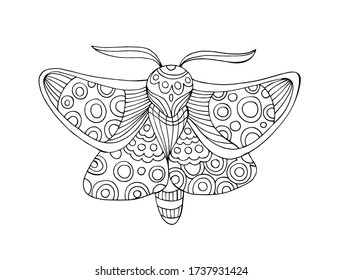 Dibujo manual de la ilustración decorativa vectorial de la polilla. Aislado en blanco.
Libro de colorear mariposa. Ilustración de estilo Doodle.