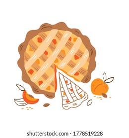 Hand drawn decorative vector illustration of peach pie and peaches. Illustration for bakery, pastry, confectionery menu. Cartoon style.