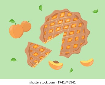 Hand drawn decorative vector pattern of peach pie and peaches. Whole and chopped apples, pumpkins, peaches and berries are all around.