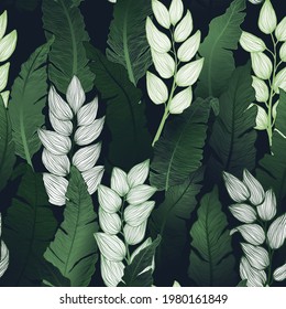 Hand drawn decorative vector seamless pattern with tropical leaves. Trendy print with exotics leaf. 