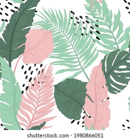 Hand drawn decorative vector seamless pattern with tropical leaves. Trendy print with exotics leaf. 