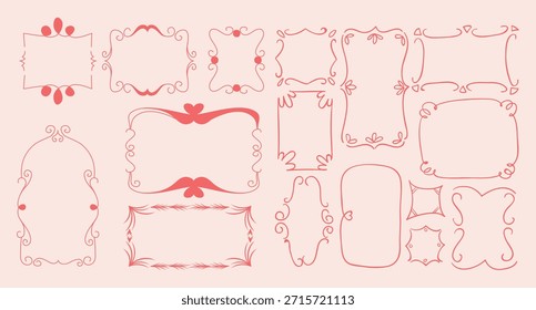 Hand Drawn Decorative Vintage Frames Collection, Floral Ornamental Borders, Retro Wedding Invitation Frames, Elegant Doodle Labels, Vector Design Elements Set.