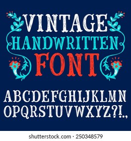 Hand drawn decorative vintage textured vector ABC letters on blue background.Nice font for your design. 