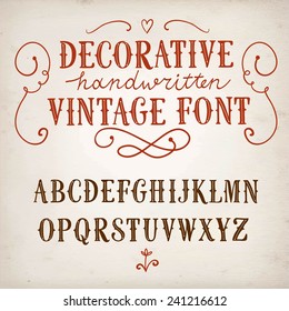 Hand drawn decorative vintage vector ABC letters on old paper background.Nice font for your design. 