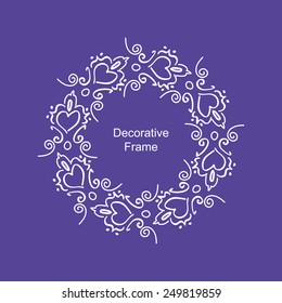 hand drawn decorative white frame with hearts on purple background, doodle, sketch