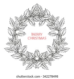 Hand drawn decorative winter holidays wreath with holly berries, design element. Can be used for cards, invitations, gift wrap, print, scrapbooking. Christmas and New Year background