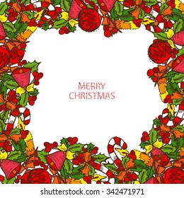 Hand drawn decorative winter holidays card with christmas decorations, design element. Can be used for cards, invitations, gift wrap, print, scrapbooking. Christmas and New Year background