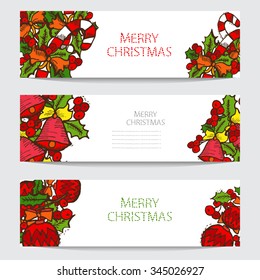 Hand drawn decorative winter holidays cards set, design elements. Can be used for invitations, gift wrap, print, scrapbooking. Christmas and New Year background