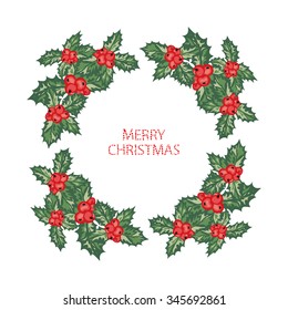 Hand drawn decorative winter holidays wreath with holly berries, design element. Can be used for cards, invitations, gift wrap, print, scrapbooking. Christmas and New Year background