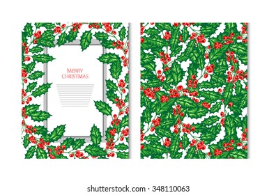 Hand drawn decorative winter holidays cards with holly berries, design elements. Can be used for invitations, gift wrap, print, scrapbooking. Christmas and New Year background